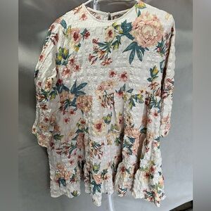 Zara Floral Textured Top - Pink, Green, Yellow on White